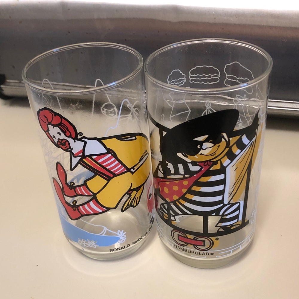 McDonald's Ronald McDonald & Hamburglar Character Glasses in Red, Yellow, Black